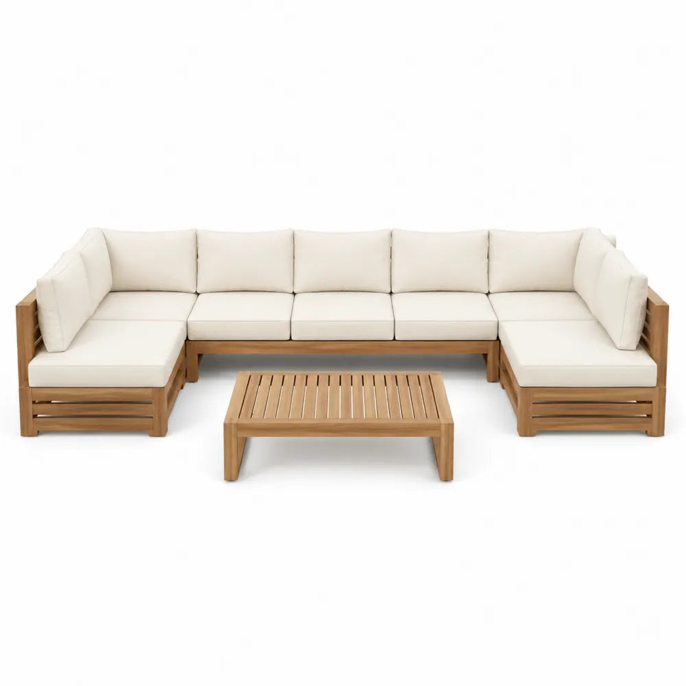 Drewniany zestaw ogrodowy, teak, beżowe poduszki, narożna sofa ze stolikiem