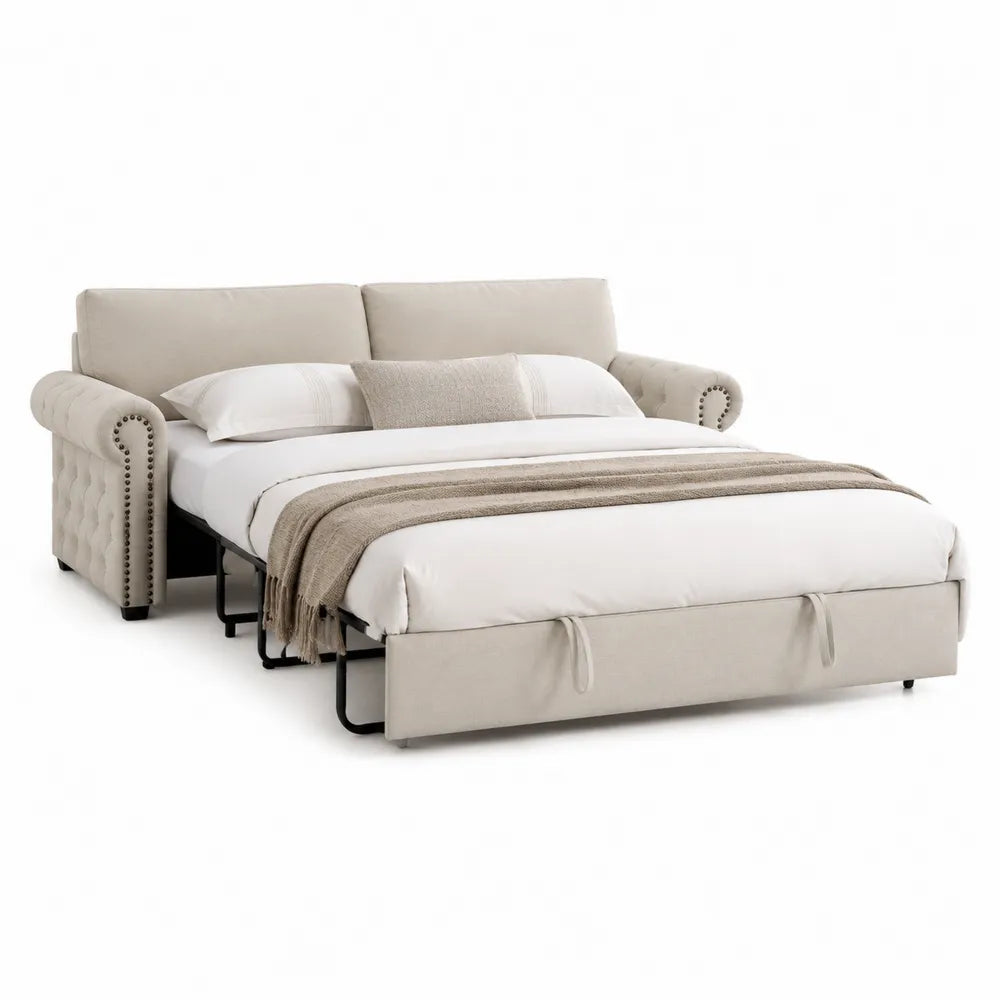 Sofa rozkładana z tkaniny poliestrowej beżowa 200 cm