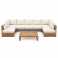 Drewniany zestaw ogrodowy, teak, beżowe poduszki, narożna sofa ze stolikiem