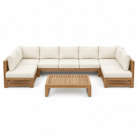 Drewniany zestaw ogrodowy, teak, beżowe poduszki, narożna sofa ze stolikiem