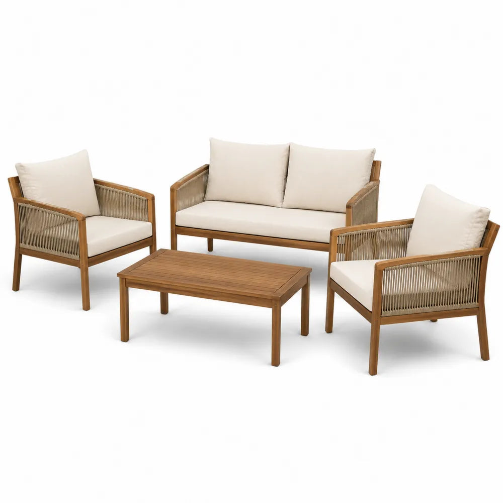 Zestaw mebli ogrodowych teak z poduszkami, 2 krzesła, sofa, stolik kawowy