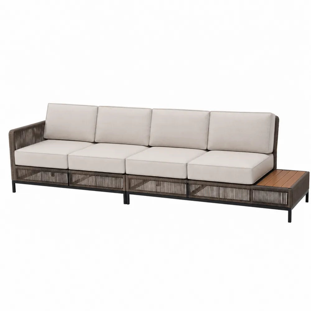 Sofa modułowa ogrodowa, stalowa, beżowe poduszki, drewno tekowe
