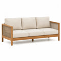 Drewniana sofa ogrodowa 3-osobowa z beżowymi poduszkami