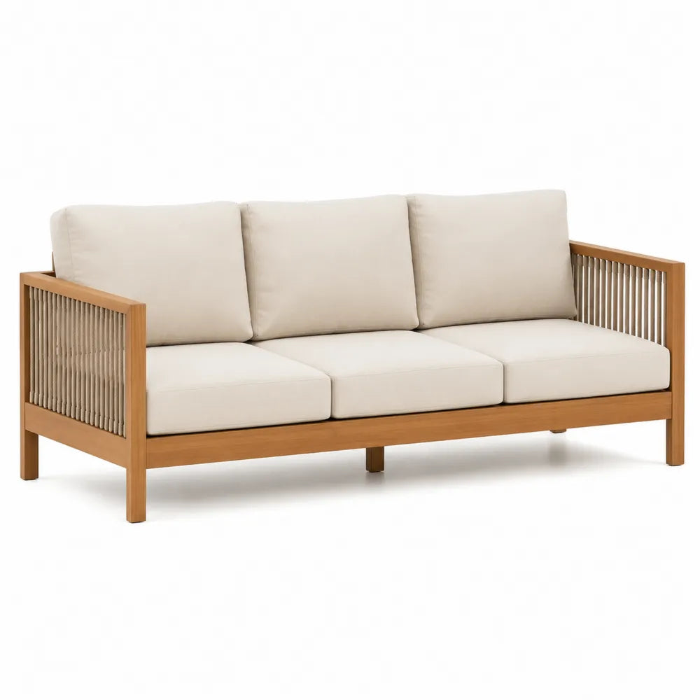 Drewniana sofa ogrodowa 3-osobowa z beżowymi poduszkami