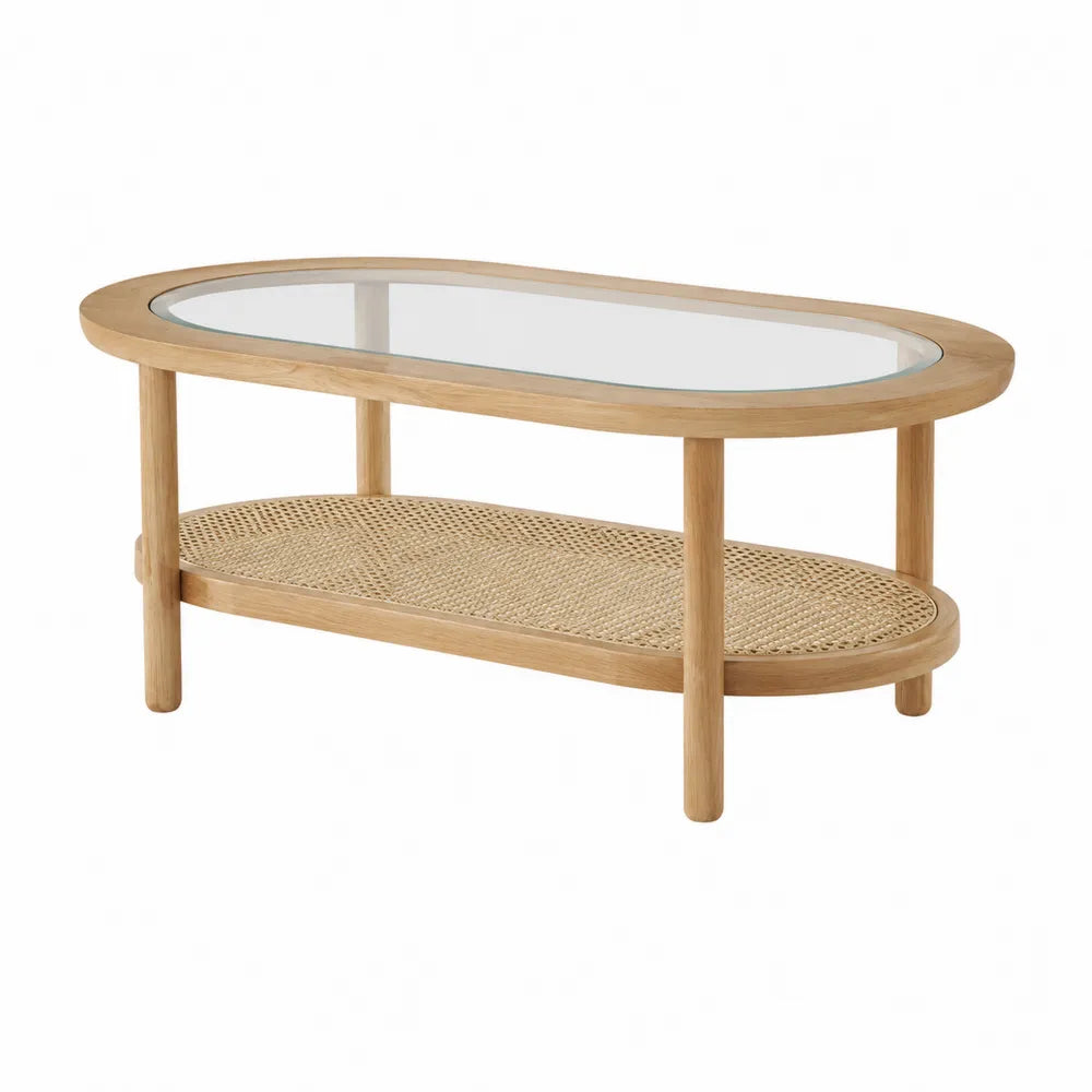 Owalny stolik kawowy szkło hartowane drewno dębowe rattan 120x60x40 cm