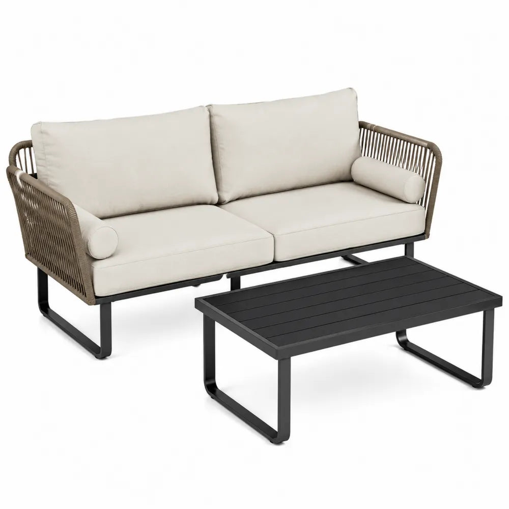 Zestaw ogrodowy sofa 2-osobowa z poduszkami i stolik prostokątny aluminiowy beżowy/brązowy