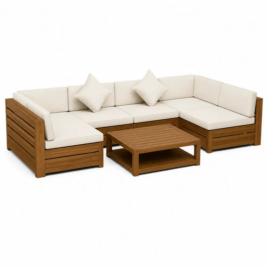 Drewniany zestaw ogrodowy narożny z kremowej tkaniny, sofa modułowa z poduszkami, stół kawowy