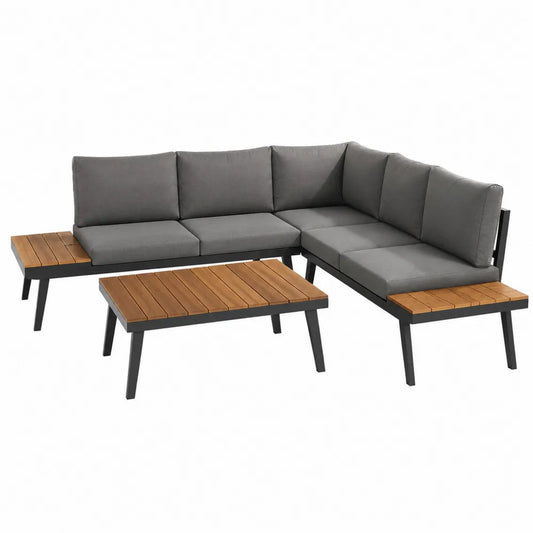 Narożnik ogrodowy aluminiowy z elementami drewnianymi i szarą tapicerką 210x210x70 cm