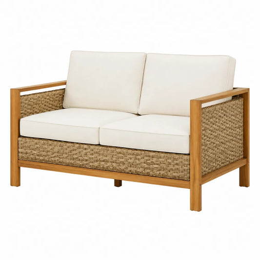 Dwuosobowa sofa z drewna i technorattanu, kremowa