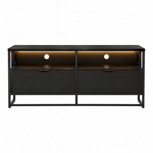 Czarna szafka RTV ze stali i MDF z półkami i szufladami 150x50x60 cm